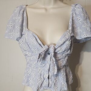 Olivaceous Blue and White Puff Sleeve Peplum Blouse